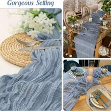6pcs Set Gray-Blue Linen Table Runners, Boho Sheer Table Flags, Rustic Transparent Table Runners, Suitable For Wedding, Birthday, Baby Shower And Other Occasions Boho Dining Table Decor (Gray-Blue) - Dusty Blue - View 6