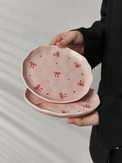 1pc/2pcs French Cute Pink Bow Ceramic Dinner Plate, Hand-Painted Glazed Plate, Western Steak/Pasta Plate, Fruit Salad Plate, Dessert Cake Plate, Holiday Gift, Gift For Girlfriend