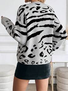 Women's Elegant Zebra Pattern Loose Fit Crew Neck Long Sleeve Sweater, Fashionable Autumn/Winter Top - Grey - View 2