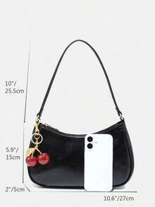 Women's Fall Outfits, Floral Patterned Fabric, Cute Pendant Decor, Cherry Pendant, Women's Minimalist One Shoulder Bag, Zipper Closure, Retro Style, Underarm Bag, Suitable For Multiple Occasions Glossy Leather,Shoulder Bags For Women,Handbags For Women,Cherry Keychain,Bag Charms,Black Purse,Carteras Para Mujer,Purses And Bags Women,Bolsos Para Mujer, Valentine's Day,Valentines,Carteras Para Mujer,New Year,    [Cherry Accessory Included Randomly] Please Do Not Purchase If You Mind.,Valentine's Day,New Year - 黑色 - 查看 7
