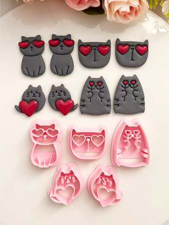 可爱爱心猫咪造型软陶模具，高分子软陶切割器，耳饰制作工具，DIY耳环首饰制作模具，手工礼品发夹饰品吊坠粘土切割模具工具，DIY创意装饰耳环