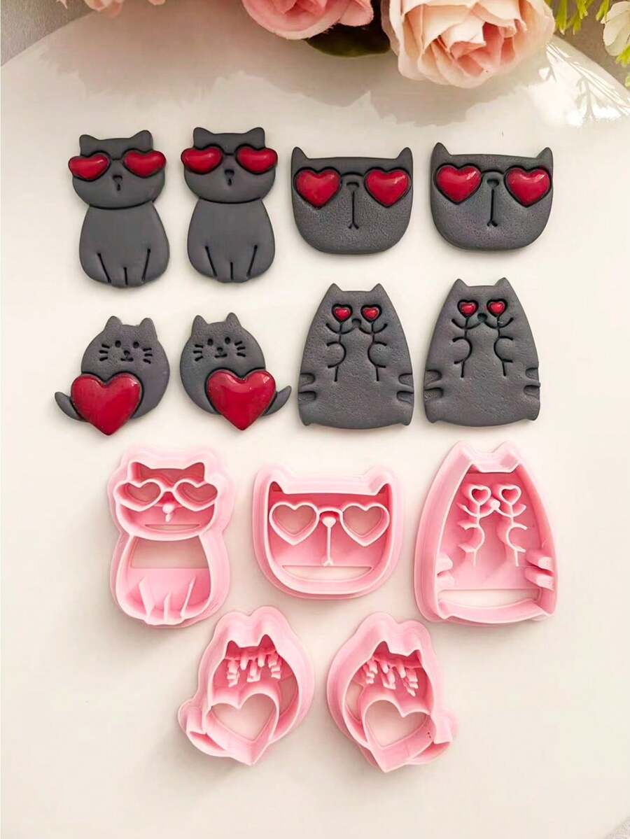 Khuôn đất sét mềm hình mèo trái tim dễ thương, Dụng cụ cắt đất sét mềm polymer cao, Dụng cụ làm phụ kiện tai, Khuôn làm trang sức khuyên tai tự làm, Dụng cụ cắt đất sét làm quà tặng thủ công, Dụng cụ làm hoa tai trang trí sáng tạo tự làm