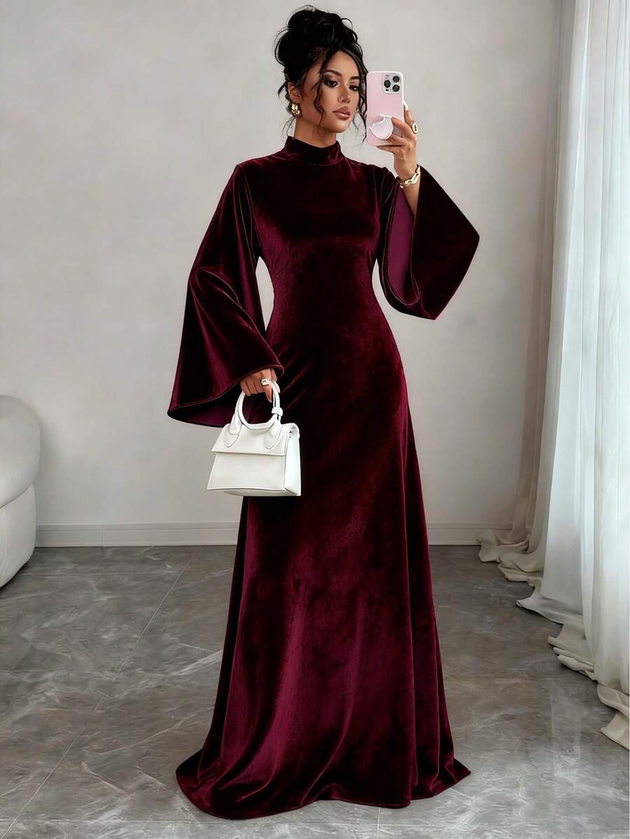 Elegante vestido de terciopelo burdeos de manga larga con mangas acampanadas, cinturón en la cintura y cremallera, adecuado para otoño/invierno, fiesta de cóctel, dama de honor de boda, Navidad
