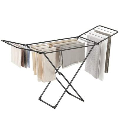  SONGMICS Tendedero de Ropa, Tendedero de Metal, Plegable, Ahorra Espacio, con Alas, Uso en Interiores y Exteriores, para Ropa de Cama, Negro