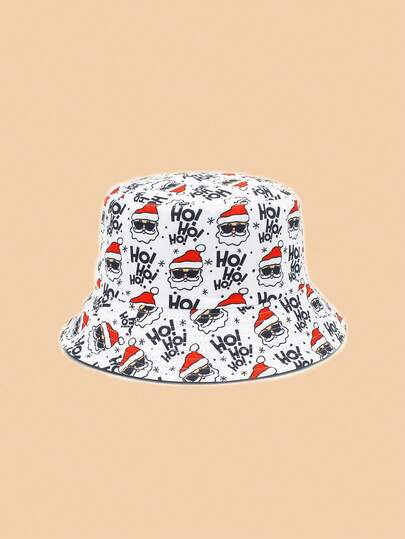 1pc Santa Claus Pattern Bucket Hat, Unisex Snowflake Print Bucket Hat For Men And Women, Sun Protection Holiday Cap