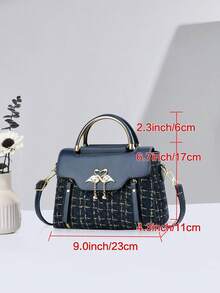 1 pieza Bolso de mano cuadrado mini de unicolor para mujer, bolso de hombro de moda con asa superior, mini cartera de hombro con decoración de hebilla - Azul Marino - Ver 2