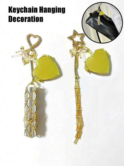 Metalowy brelok do torebki na szminkę z wymienną i stalową kieszenią z siatki, brelok do szminki w kształcie serca i gwiazdki z mini lusterkiem, modna zawieszka do balsamu do ust i kosmetyków, stylowy wisiorek do torebki, przenośny dodatek do makijażu dla kobiet, dziewcząt, miłośniczek piękna i osób lubiących dawać prezenty