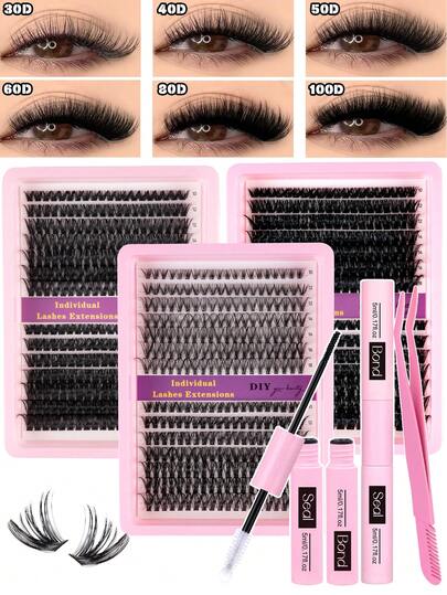200pcs/240pcs DIY Lash Extension Set With Bond And Seal, Lash Glue Remover, Tweezers, Eyebrow Brush, 30D/40D/30D+40D/40D+60D/60D+80D/80D+100D Volume Individual Cluster False Eyelash Kit, Long Faux Mink Soft Fake Eyelash Cat Eye Makeup Tool For Beauty Parties Travel