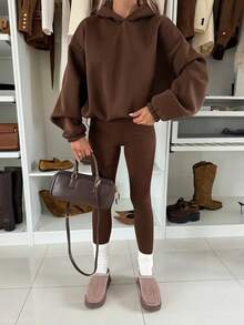 女士纯色针织面料抽绳下摆弹力肩部宽松卫衣，适合约会、婚礼、运动、健身、生日派对、秋冬休闲穿着。 - 咖啡棕 - 查看 8