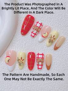 10 Peças Conjunto de Unhas Almendradas Autoadesivas Estilo Y2K - Artesanais, Unhas Rosas, Unhas Amarelas, Unhas Francesas Brancas, Fatias de Maçã 3D Feitas à Mão, Design Xadrez Vermelho e Branco Desenhado à Mão, Flor Marrom Desenhada à Mão, Arte de Unhas Xadrez, Decoração de Laço Dourado Cintilante, Unhas Delicadas e Fofas - Perfeitas para Festas e Trajes Casuais - Multicolorido - Visão 4