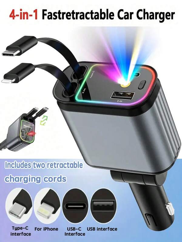 Carregador de Carro Ambiente Noite Estrelada 4 em 1 com Cabo Retrátil Ajustável de 80,01 cm e Portas USB-C/USB Duplas (Rotação de 180°) - Compatível com Vários Modelos de Dispositivos - Acessório Automotivo Universal para Todos os Carros