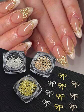 120Pcs Gold Silver Bowknot Design Nail Charms Japanese Korean Style Nail Art Decoration 3D Exquisite Bowknot Nail Jewelry Suitable For Nail Art Creation, DIY Decorative Accessories Y2K Nails Supplies Nail Art Nails Gems