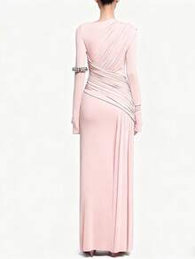 Đầm maxi ôm sát màu hồng thanh lịch, chi tiết bèo nhún, tay dài, cổ tròn, phong cách vintage thường ngày, thích hợp cho các buổi tiệc mùa xuân. - Màu Hồng baby - Xem 3
