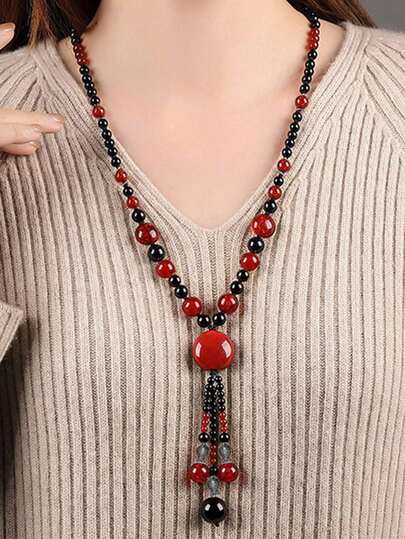 复古陶瓷吊坠项链 | 波西米亚风 | 多色串珠长款毛衣链，花卉图案装饰 | 百搭时尚配饰，适合所有季节 | 日常佩戴和送礼佳品