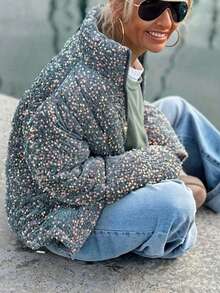 大码女式亮片休闲拉链夹棉大衣，日常穿着，秋冬