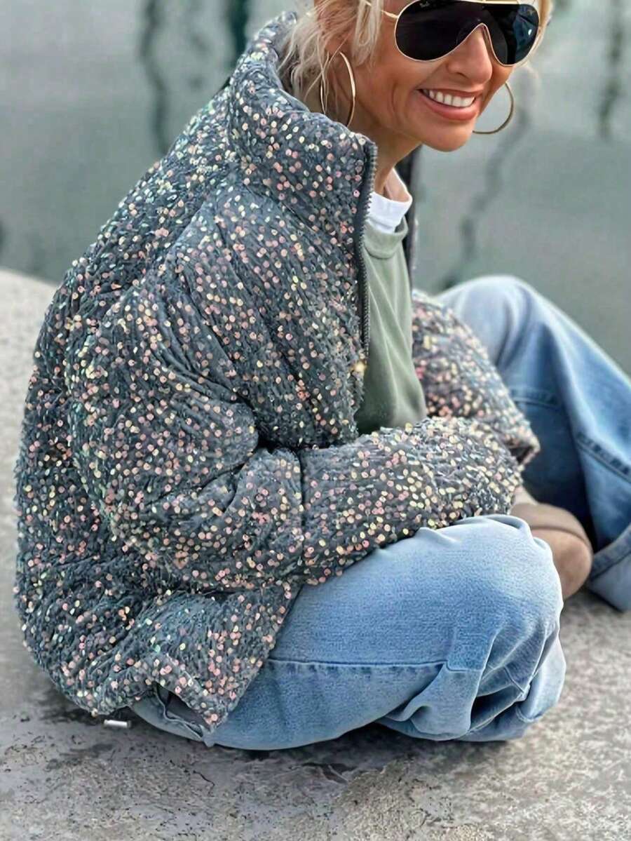 大码女式亮片休闲拉链夹棉大衣，日常穿着，秋冬