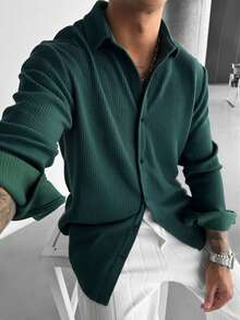 WAIT HIM 男士休闲纯色长袖衬衫 - 墨綠色 - 查看 2