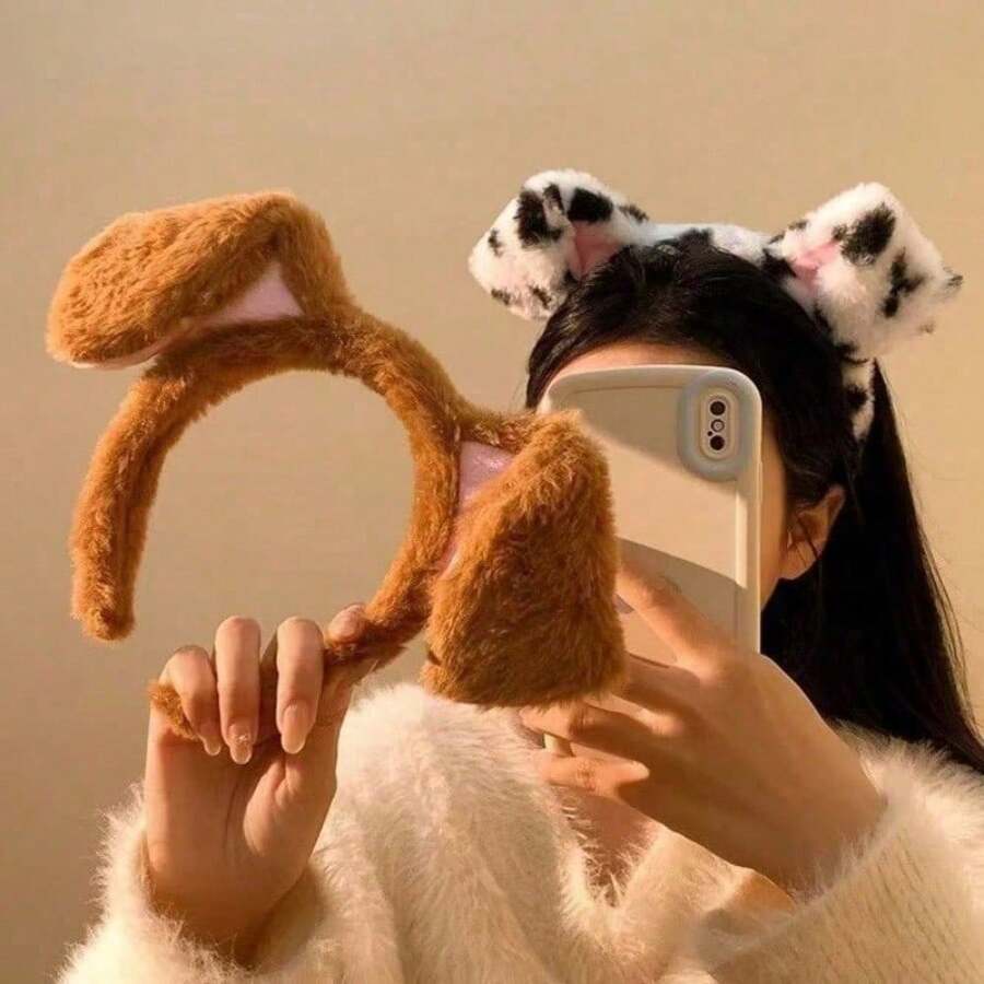 1pc Cute Cartoon Pudding Dog Ear Headband Hair Hoop, Fluffy Spotted Dog Ear Hair Accessory For Women, Girls Adorable Spotted Cosplay Dog Ear Headband For Anime Convention ,Hair Piece ,Beauty - 棕色 - 查看 1