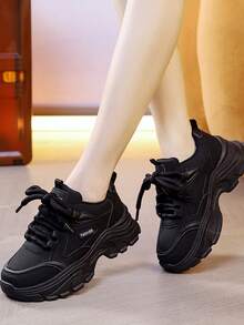 Damskie grube trampki, nowa jesienna moda, studenckie buty w stylu koreańskim, casualowe, z grubą podeszwą - Czarne - Zobacz 2