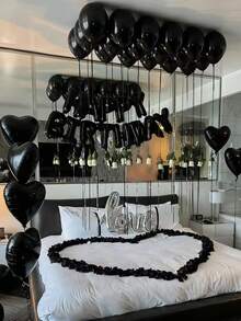 38件/套 16英寸黑色生日快乐字母铝箔气球，生日派对装饰套装，包含黑色生日快乐横幅、乳胶气球、心形铝箔气球和连体爱心气球，适合黑色主题生日派对用品，男女皆宜的生日庆祝装饰，生日快乐英文字母组合，派对场景装饰 - 彩色 - 查看 5