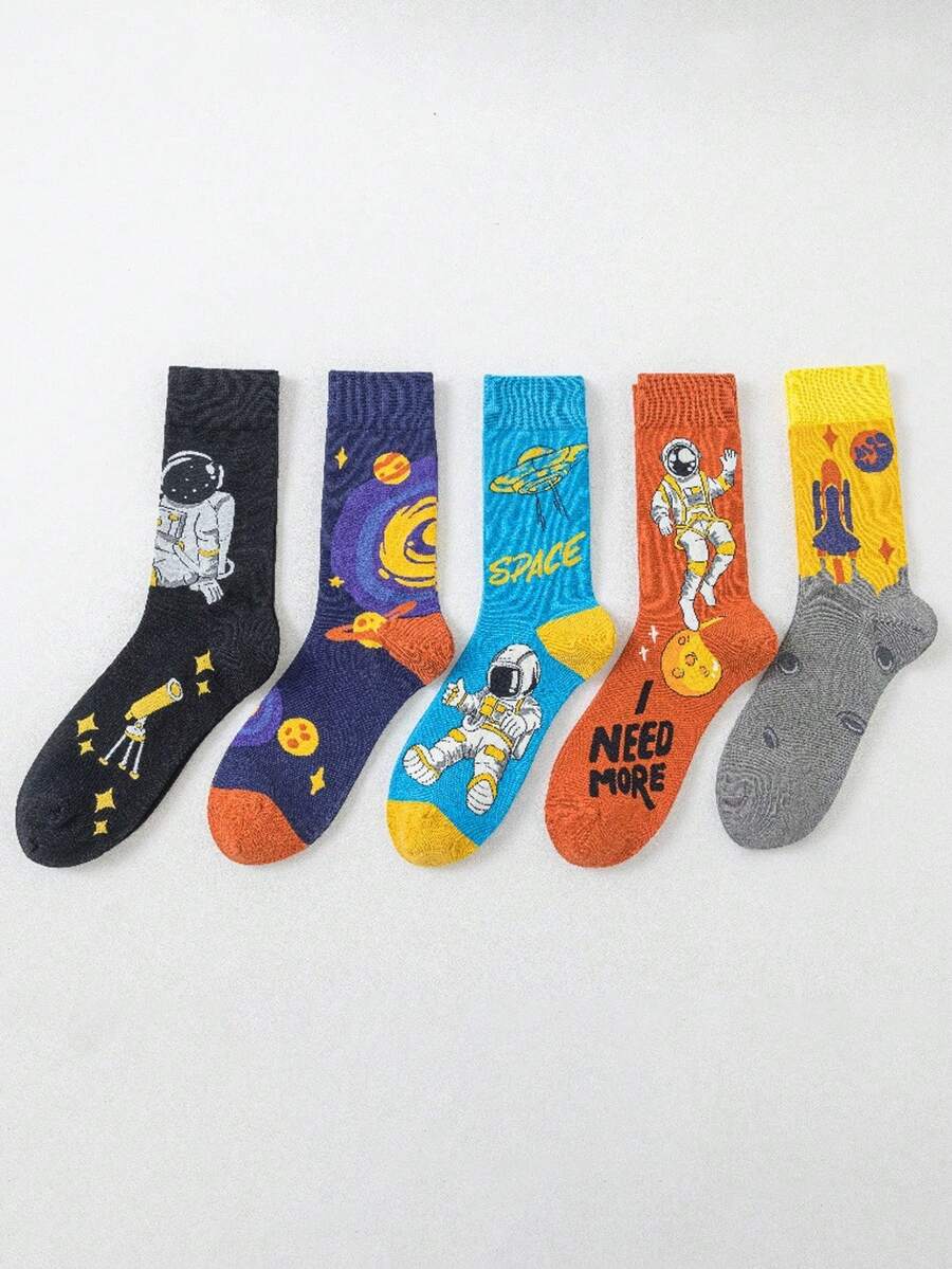 5 Paar Astronauten-Themen Knöchelsocken, neue modische Socken, weich & lässig Herren/Damen Astronauten-Serie Knöchelsocken