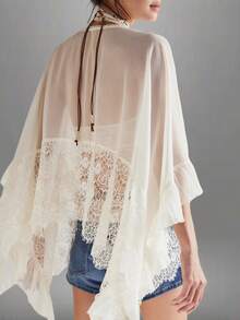 Women's Y2k Summer Sheer Poncho Tops Solid Color Batwing Sleeve Loose Fit T-Shirts Blouses Fairy Grunge Oversized V Neck Lace See Through Flowy Tops - 白色 - 查看 3