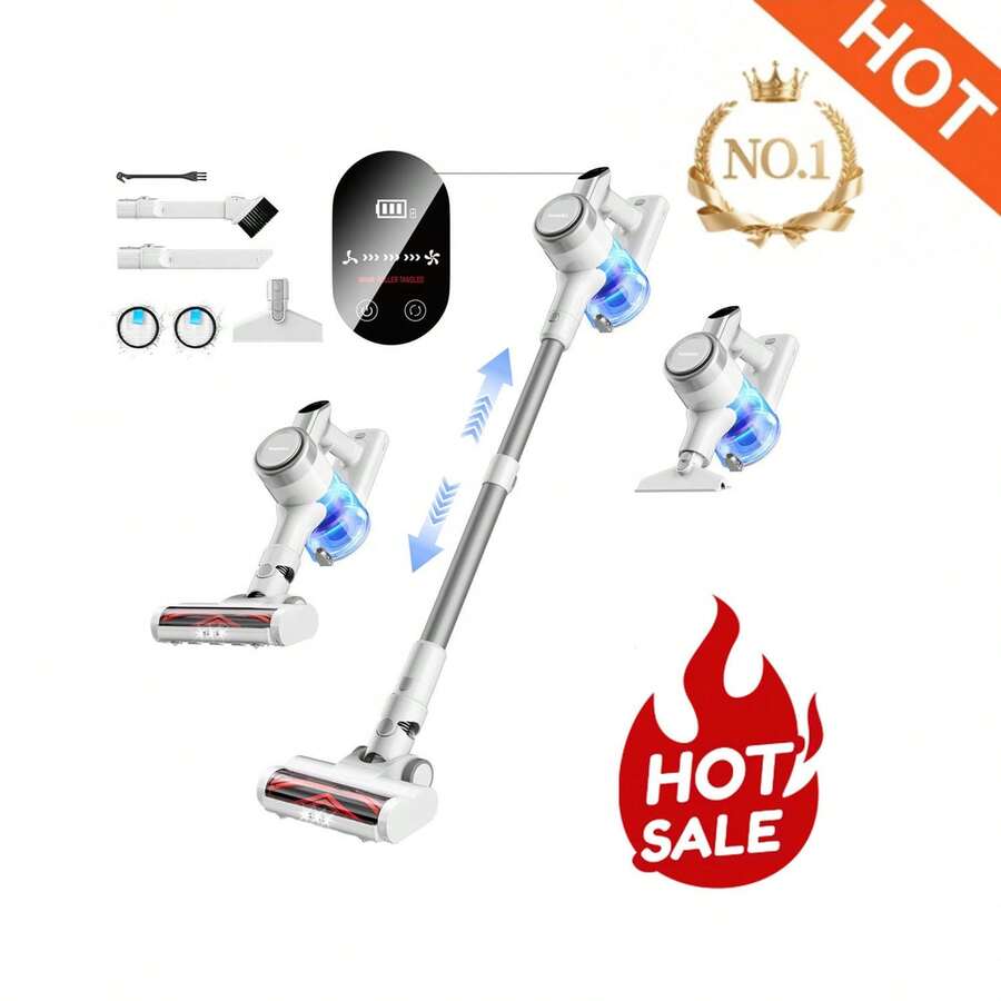 Homeika Cordless Vacuum Cleaner, 300W 23KPa Powerful Suction Vacuum With LED Display, 3 Suction, 48mins Runtime, Lightweight Stick Cleaner With Sofa Brush For Hard Floor/Carpet/Pet Hair/Car - 白色 - 查看 1
