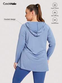 Große Größen Blaue Langarm Plissee Kordelzug Locker Sitzende Kapuzen Sport Top für Kurvenreiche Frauen, Herbst Winter Gym Tennis Outdoor Sport & Alltäglicher Lässig Lauf