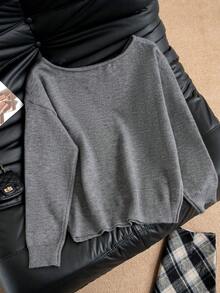 Cute Asymmetrical Shoulder Sexy Letter Pattern Grey Loose Casual Long Sleeve Warm & Comfortable Women Sweater Fall - Grey - View 6