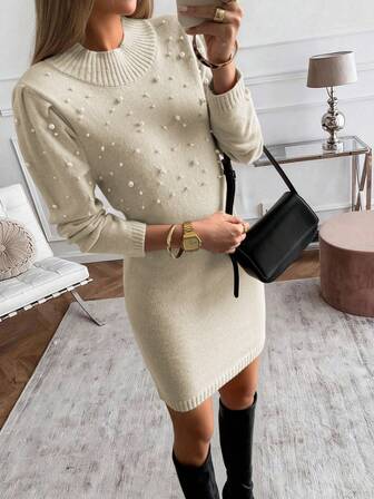 Vaiaye 女装秋冬仿珍珠装饰立领长袖优雅圣诞毛衣裙