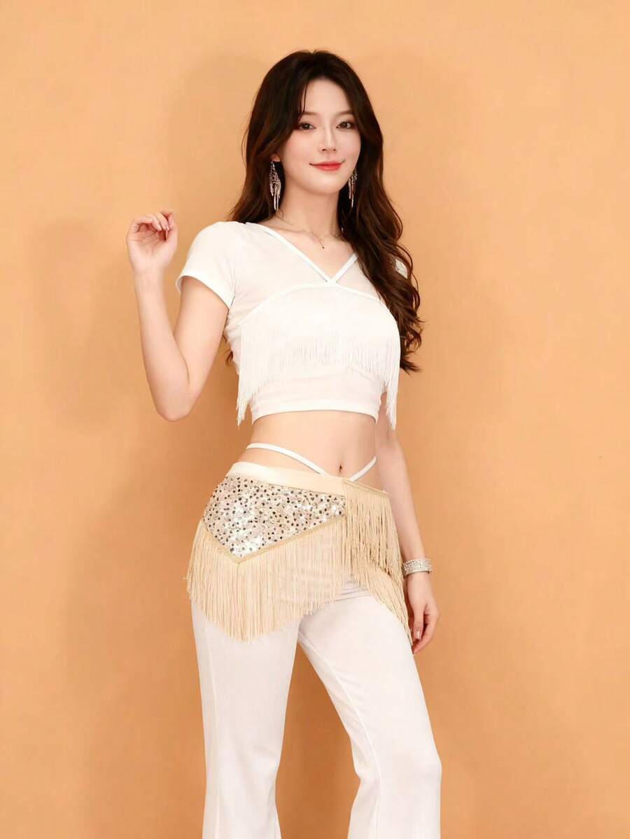 肚皮舞臀巾 舞蹈服 肚皮舞服装 配饰 不对称裹身亮片腰带 流苏臀巾