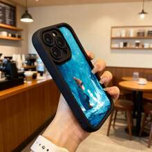 Cubierta de telefono con borde negro azul con estampado de niño y muñeco de nieve en paisaje invernal para uso diario en cafeterias y exteriores Aplicable a los teléfonos de la serie Apple y Galaxy - Negro - Ver 6