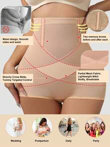 A Women's Solid Color Buttoned High Waisted Shapewear, Hip Shapewear, High Waisted Leggings, Shorts, And Hip Lifting Shapewear - Apricot - View 3