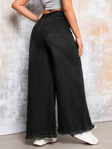 1 Peça Calça Denim Elegante de Perna Larga - Cor Sólida, Adequada para Todas as Estações, Tecido Tecido com Média Elasticidade - Detalhe de Barra Desfiada, Casual Preto Primavera Feminino - Preto - Visão 5