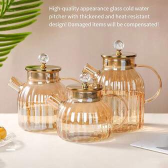 1 st. kallvattenkanna i högborosilikatglas, värmetålig tekanna för hemmabruk med sil, lyxig guldfärgad kallvattenkanna med stor kapacitet, guldfärgad vertikal randig glasmuggset för hemmet, tekanna med handtag, koppset för lyxigt vardagsrum, kallvattenkanna i högborosilikatglas, stor kampanj i slutet av året med rabatterat pris, lämplig för presenter och hem-/hotelltillbehör