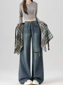 New Plaid One-Piece Waist Skirt With Decorative Drawstring, Unisex High Waist Tie-Up Versatile Skirt With Ruffle Hem Design, Suitable For Matching Family Outfits, Autumn/Winter