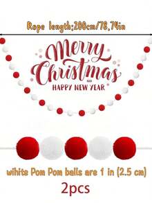 2 pièces Guirlande de boules Pom Pom de 2 mètres, Guirlande de Noël rouge, Décoration de sapin de Noël, Guirlande de boules de feutre de Noël pour la décoration de la maison, la classe, la cheminée, le mur, la fête, l'anniversaire. Décoration de Noël pour la maison, vert et blanc.