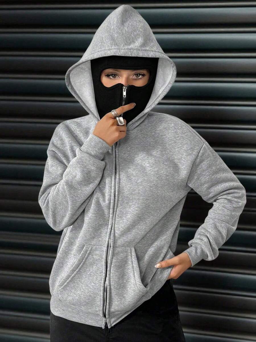 女士宽松拉链口袋卫衣，带口罩，适合秋冬季、万圣节、圣诞节等场合，时尚百搭，女士连帽卫衣休闲款