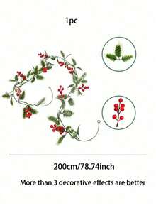 1/2pcs 74.8inch Artificial Red Fruit Vine With Simulated Green Leaves, Wreath-Style Artificial Vine, Bright Colors, For Home Decoration, Outdoor Courtyard Decoration, Porch Balcony Decoration, Fireplace Decoration, Christmas Tree Decoration, Wreath Making, Party Decoration, Bedroom Living Room Decoration, Wall Decoration, Office Decoration, Christmas Decoration, Birthday Gift