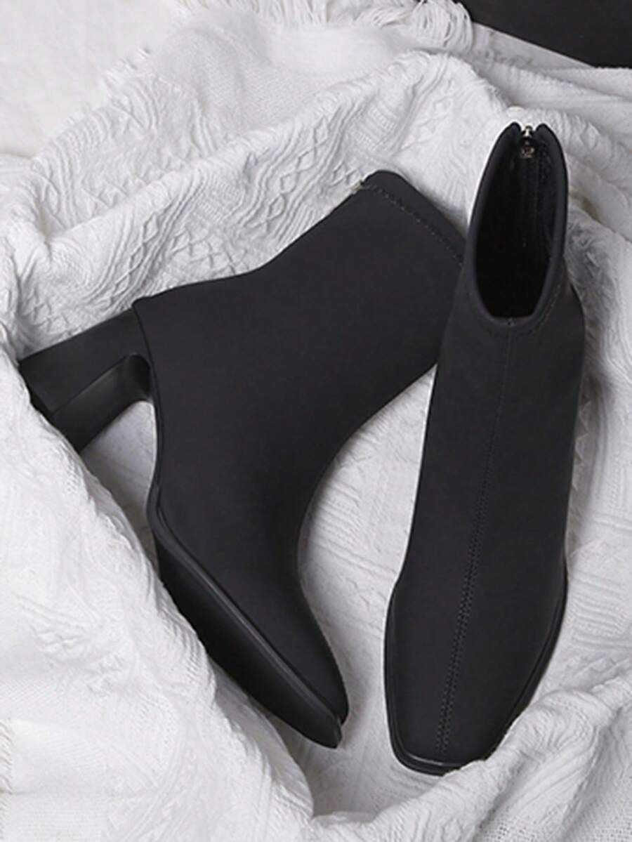 2025 Autumn/Winter New French Leather High Heel Shoes, Square Toe Chunky Heel Elastic Slim Boots, Versatile Short Boots - Black - View 1