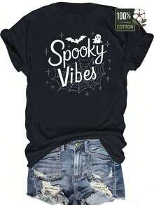 Camiseta de Mujer 100% Vibra Espeluznante con Estampado de Murciélagos - Letras Góticas, Telarañas y Fantasmas, Corte Relajado en Cuello Redondo para Fiestas de Halloween, Uso Casual o Eventos Temáticos – Camisa Negra Todo el Año, Disfraces de Halloween para Mujeres, Disfraz de Halloween para Mujer, Disfraces de Halloween para Mujeres, Disfraz de Halloween para Mujer, Camisetas de Halloween para Mujeres, Disfraz de Halloween para Damas, Disfraz de Halloween para Mujeres, - Negro - Ver 2