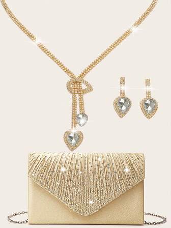 4 Piezas Bolso de Embrague de Noche de Mujer con Rhinestones, Clip de Oreja con Rhinestones, Gargantilla de Novia y Boda, Pulsera Colgante Brillante con Purpurina, Bolso de Embrague de Sobre para Mujer para Fiesta con Cadena Desmontable para Boda y Fiesta, Bolso de Hombro para Mujer