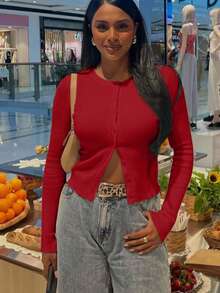 1pc Solid Color Knitted Button Ribbed Long Sleeve Cardigan Top, Suitable For Dates, Holidays, Everyday, Birthday Parties, Singles Parties, Travel, Airport, Early Autumn - Red - View 5