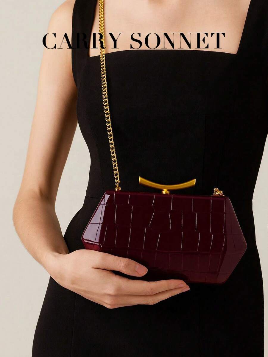 Elegant Geometric Pattern Hard Shell Clutch, Glossy Burgundy PU Handbag With Metal Details, Perfect For Party And Wedding Outfits - Burgundy - View 1