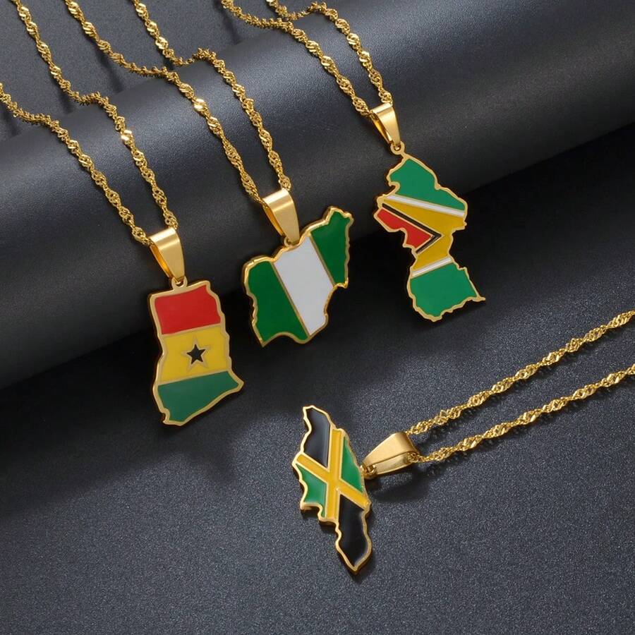 1pc Colorful National Flag Pattern Necklace, Nigeria, Ghana, Jamaica, Guyana Map, Stainless Steel Enamel Material, National Jewelry - Multicolor - View 1