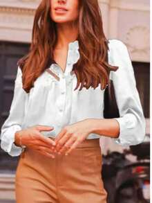 Blusa de mujer, detalles de costura de encaje de unicolor, elegancia romántica exquisita - Blanco - Ver 5