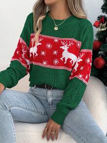 Women's Christmas Deer & Snowflake Striped Contrast Color Crew Neck Long Sleeve Sweater, Autumn/Winter - Green - View 5