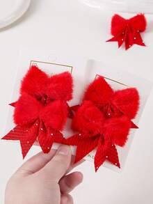 5pcs/Set Girls Rhinestone Fabric Plush Bow Hair Clips, Plush French Barrettes For Toddlers, Bangs & Side Hair, Cute & Versatile For Daily Use