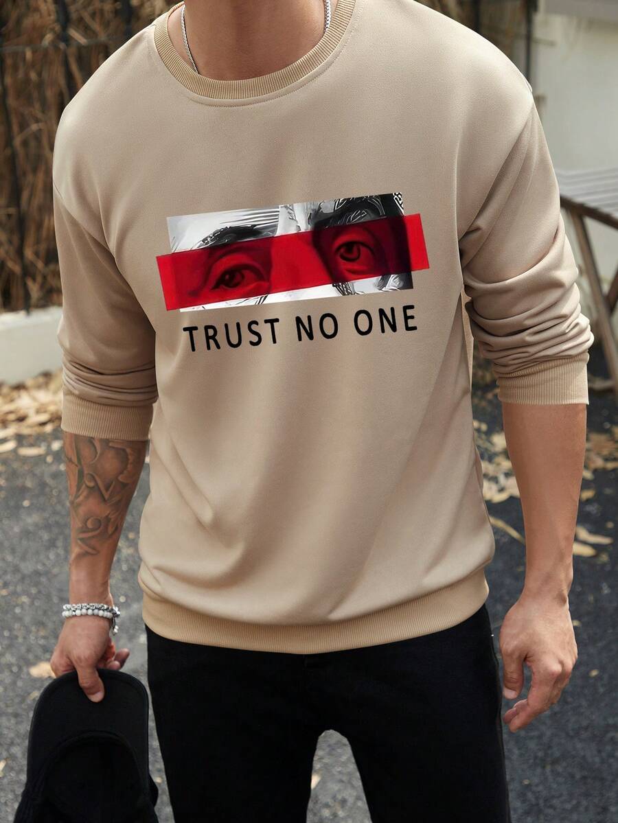 Men's Letter Graphic Crew Neck Loose Fit Casual Sweatshirt, Spring/Autumn, Long Sleeve Top - Apricot - View 1