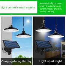 Solar Pendant Light, Solar Hanging Light, Outdoor Solar Powered Strong Floodlight, IP43 Waterproof, Rechargeable Indoor/Outdoor Floodlight, 2 Solar LED Bulbs, With Remote Control, Wall Mounted, Light Sensor, Plastic Sunshade, Garage Lighting, Smooth Pendant Light, Suitable For Walls, Doorways, Sheds, Barns, Garages, Gardens, Courtyards - FT-1108 - Xem 3